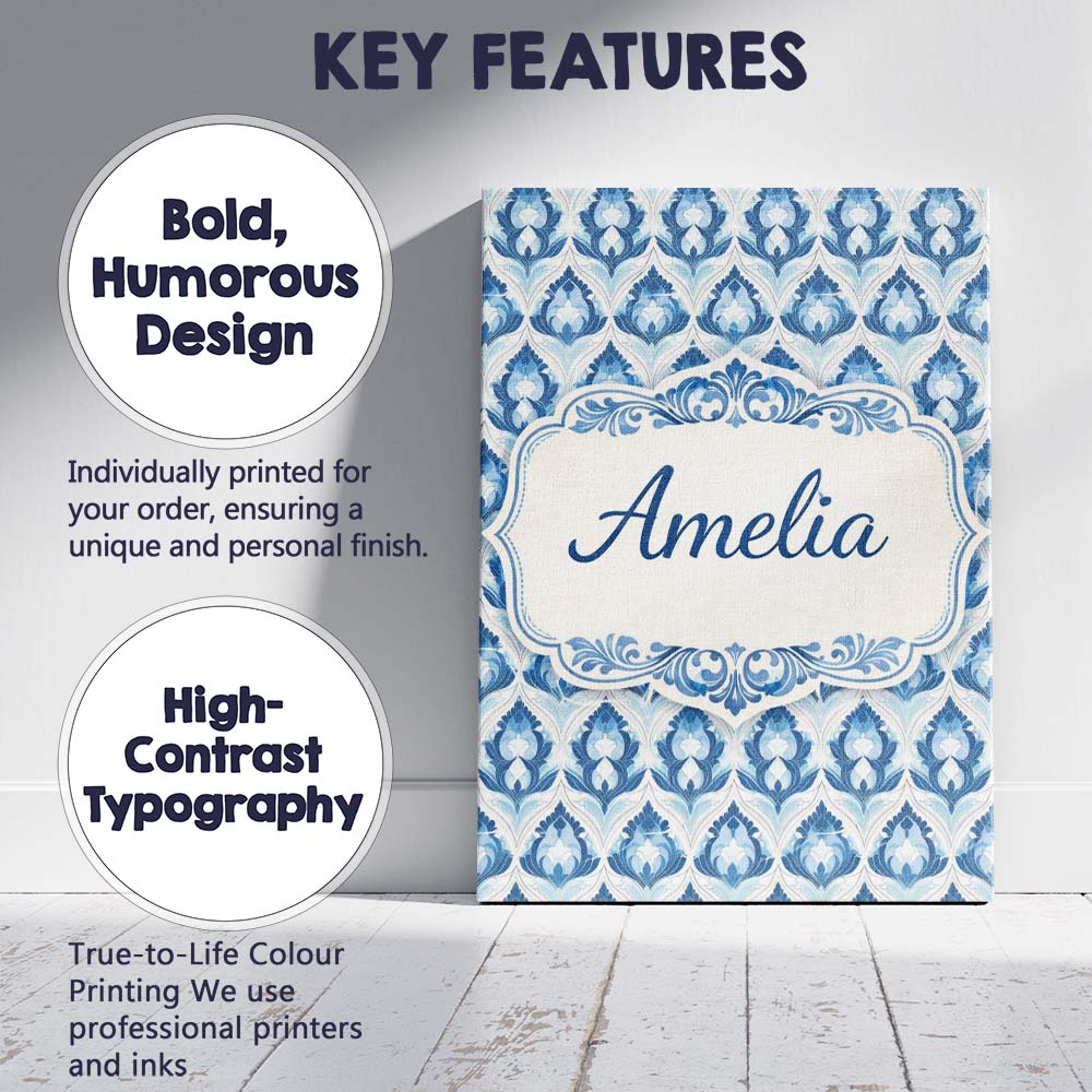 Personalised Name Blue Geometric Deco Seamless Pattern Symmetrical Custom Bespoke Canvas Wall Art Print Decor Picture Ready to Hang