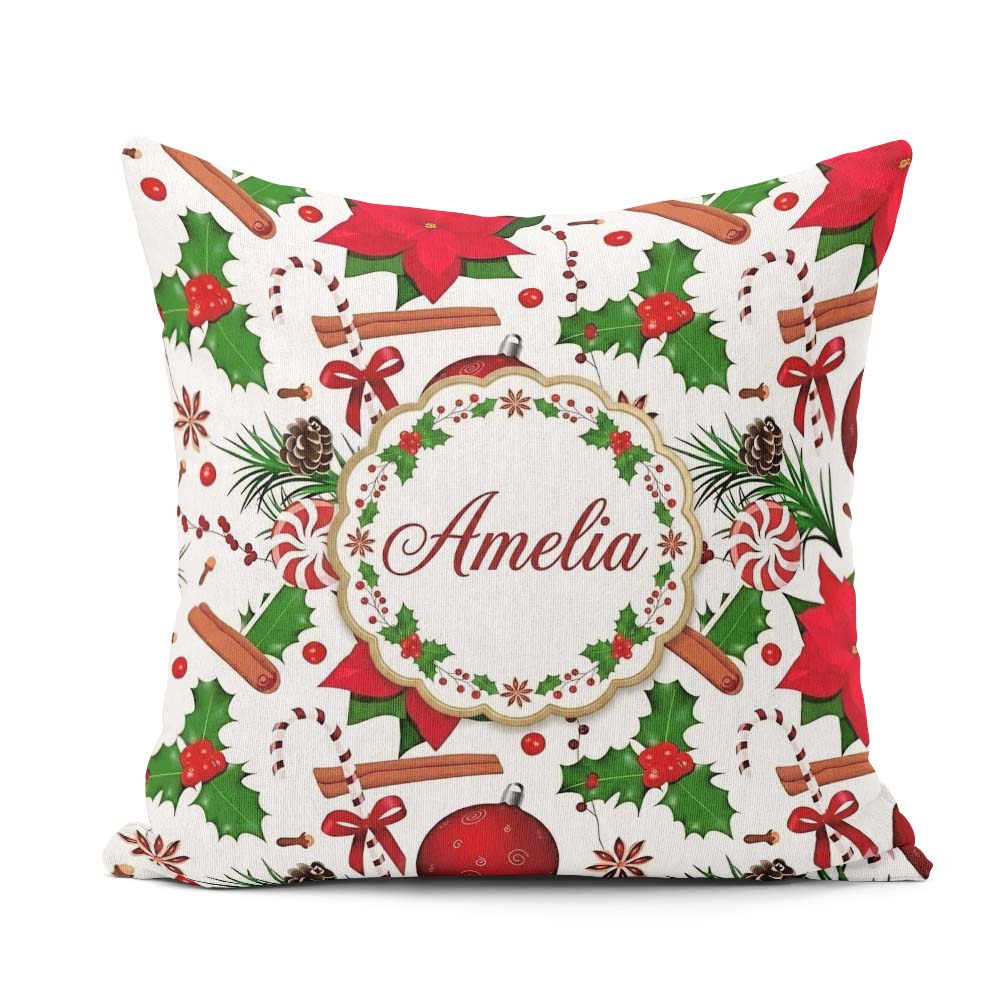 Custom Name Christmas Poinsettia Candy Cane Holly Berry Ornament Square Filled Cushion Throw Pillow Sofa Bed Home Decor Zip Washable UK Made