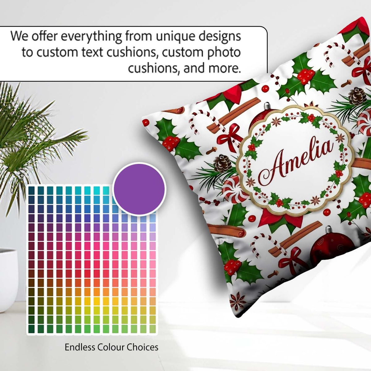 Custom Name Christmas Poinsettia Candy Cane Holly Berry Ornament Square Filled Cushion Throw Pillow Sofa Bed Home Decor Zip Washable UK Made