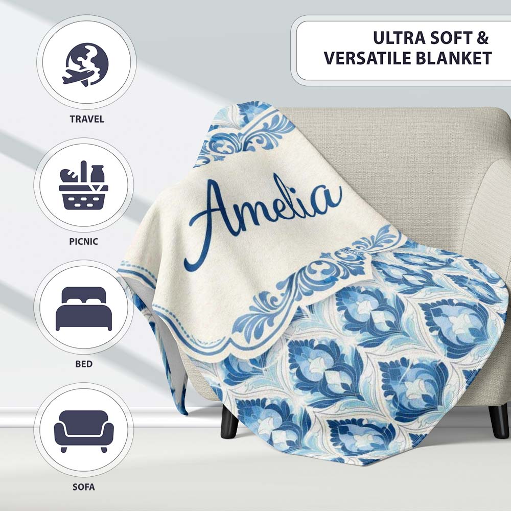 Blue Geometric Art Deco Seamless Pattern Symmetrical Decorative Personalised Custom Name Super Soft Fleece Blanket Bed Sofa Throw