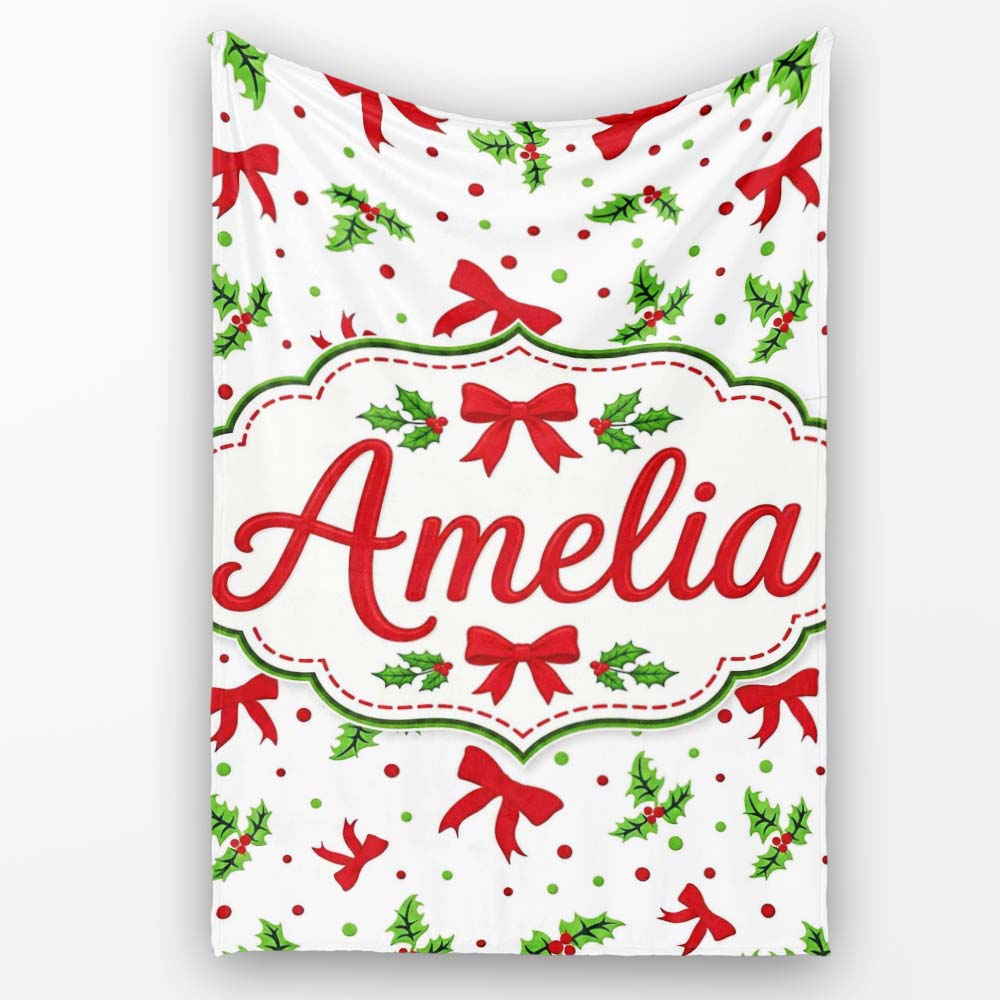 Festive Holly Leaves Red Bows Polka Dot Christmas Seamless Pattern Personalised Custom Name Super Soft Fleece Blanket Bed Sofa Throw