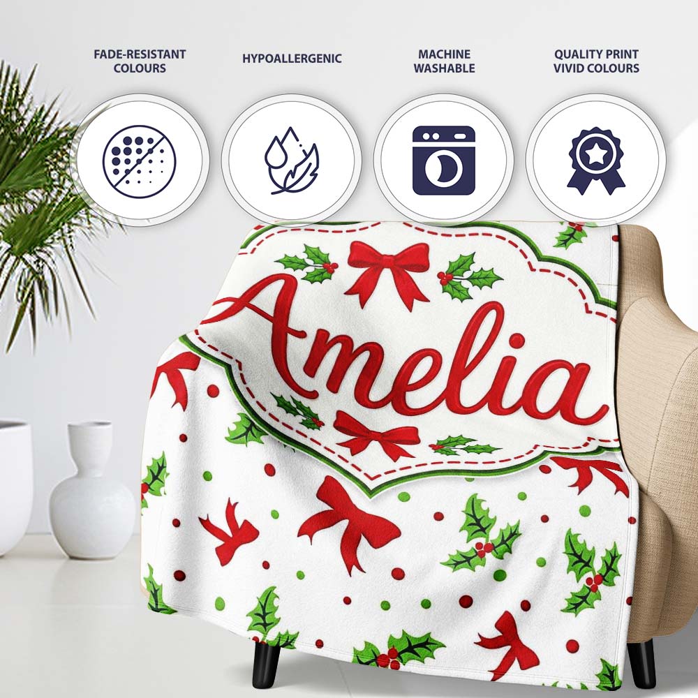 Festive Holly Leaves Red Bows Polka Dot Christmas Seamless Pattern Personalised Custom Name Super Soft Fleece Blanket Bed Sofa Throw