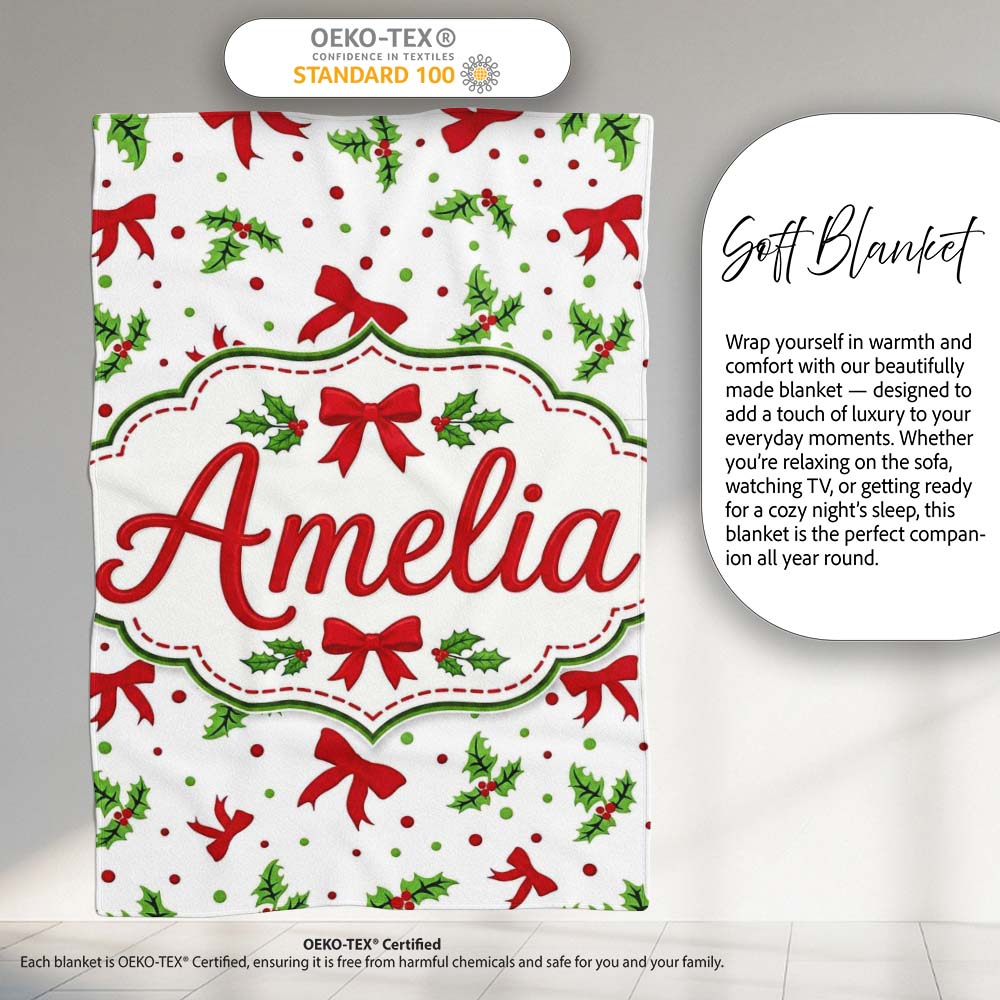 Festive Holly Leaves Red Bows Polka Dot Christmas Seamless Pattern Personalised Custom Name Super Soft Fleece Blanket Bed Sofa Throw