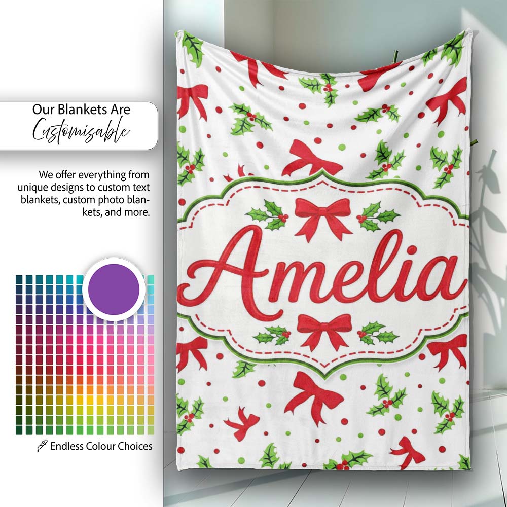 Festive Holly Leaves Red Bows Polka Dot Christmas Seamless Pattern Personalised Custom Name Super Soft Fleece Blanket Bed Sofa Throw
