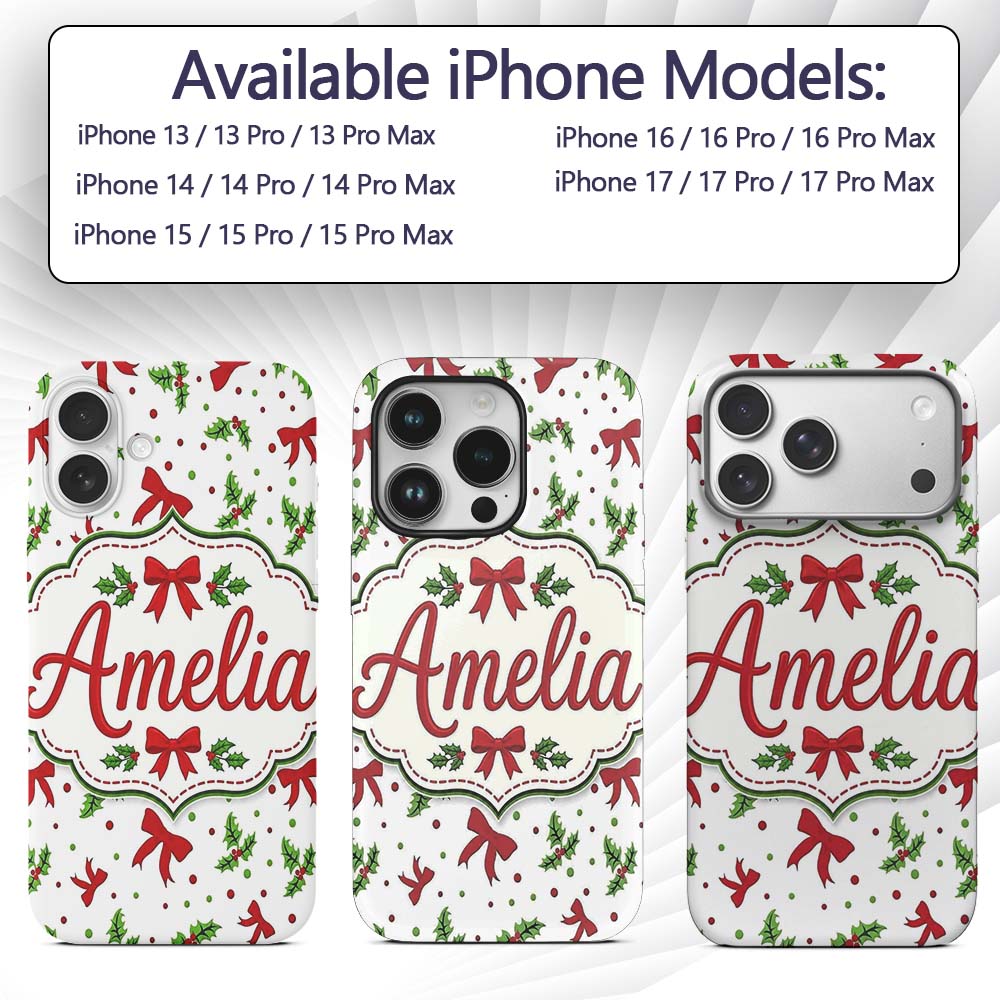 Festive Holly Leaves Red Bows Polka Dot Christmas Custom Name Protective Phone Case Mobile Cover Durable Everyday Smartphone Shock Resistant