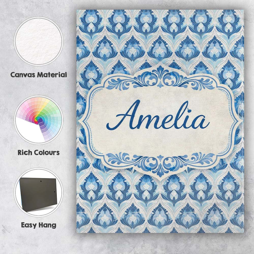 Personalised Name Blue Geometric Deco Seamless Pattern Symmetrical Custom Bespoke Canvas Wall Art Print Decor Picture Ready to Hang