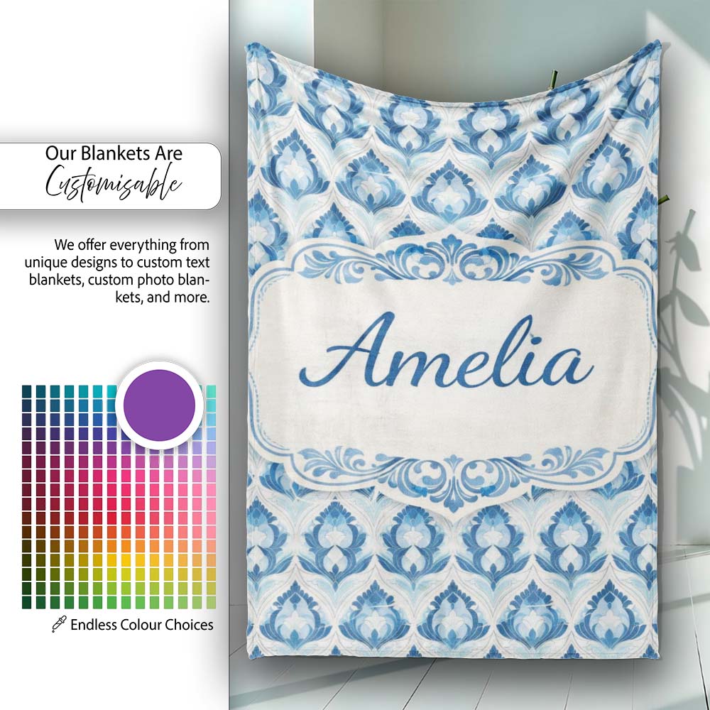 Blue Geometric Art Deco Seamless Pattern Symmetrical Decorative Personalised Custom Name Super Soft Fleece Blanket Bed Sofa Throw