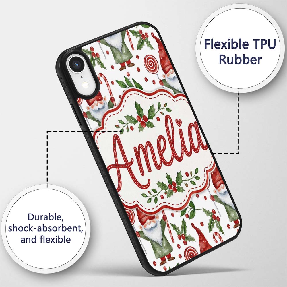 Watercolor Christmas Gnome Candy Cane Holly Berry Custom Name Protective Phone Case Mobile Cover Durable Everyday Smartphone Shock Resistant