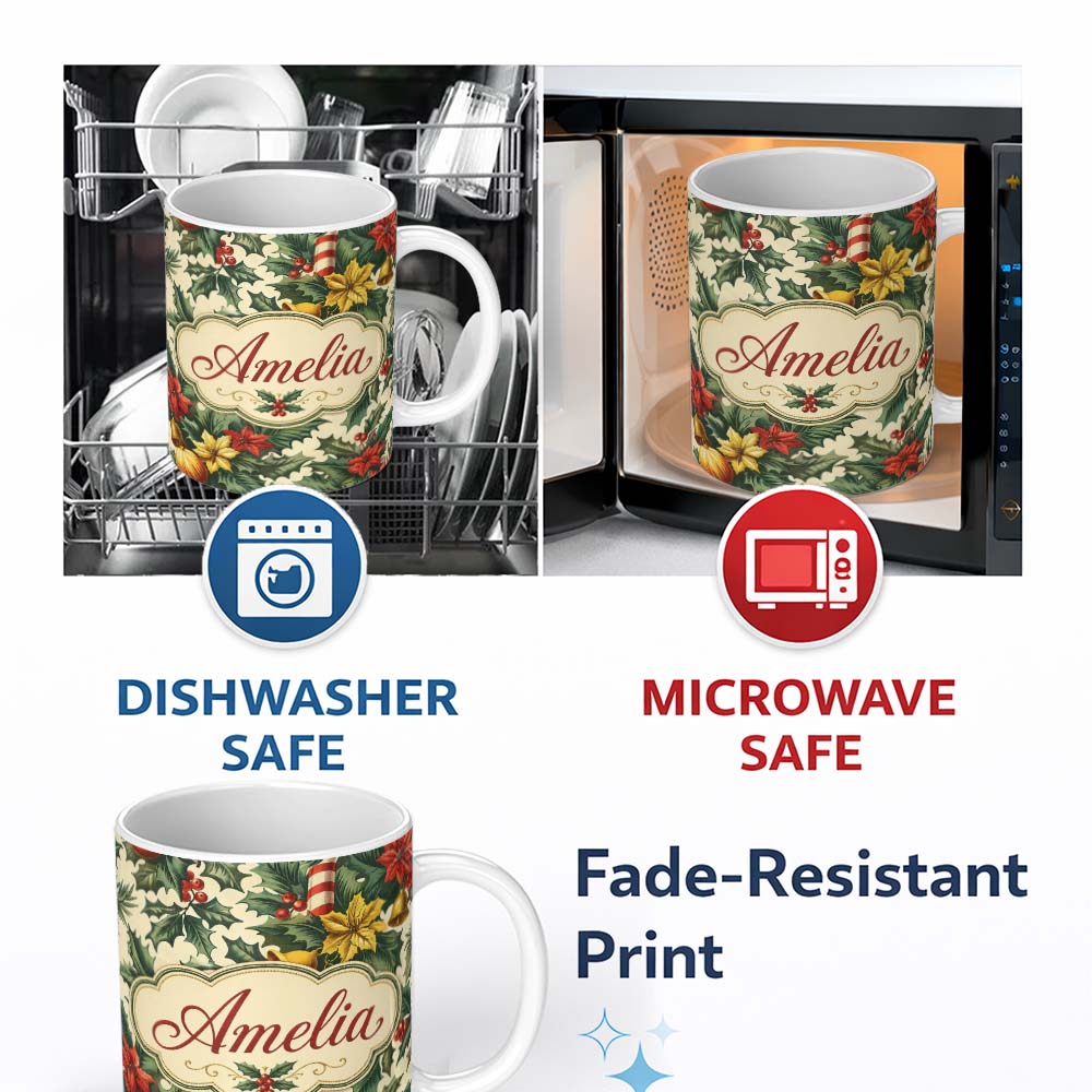 Personalized Custom Name Elegant Christmas Holly Leaves with Bells and Poinsettia Festive 11oz Ceramic Coffee Tea Mug White Large Handle