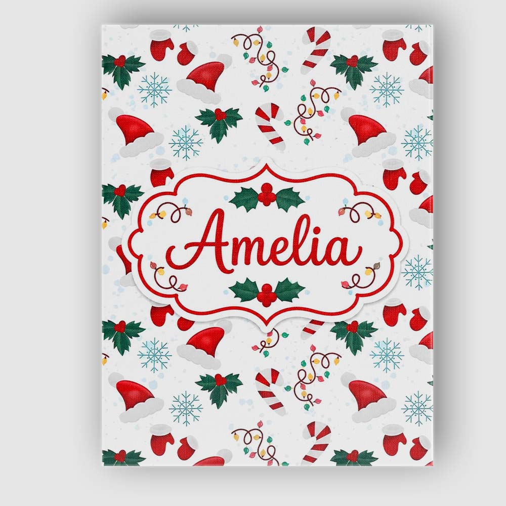 Personalised Name Christmas Hat Mittens Custom Modern Room Accent Elegant Feature Canvas Wall Art Print Decor Picture Ready to Hang
