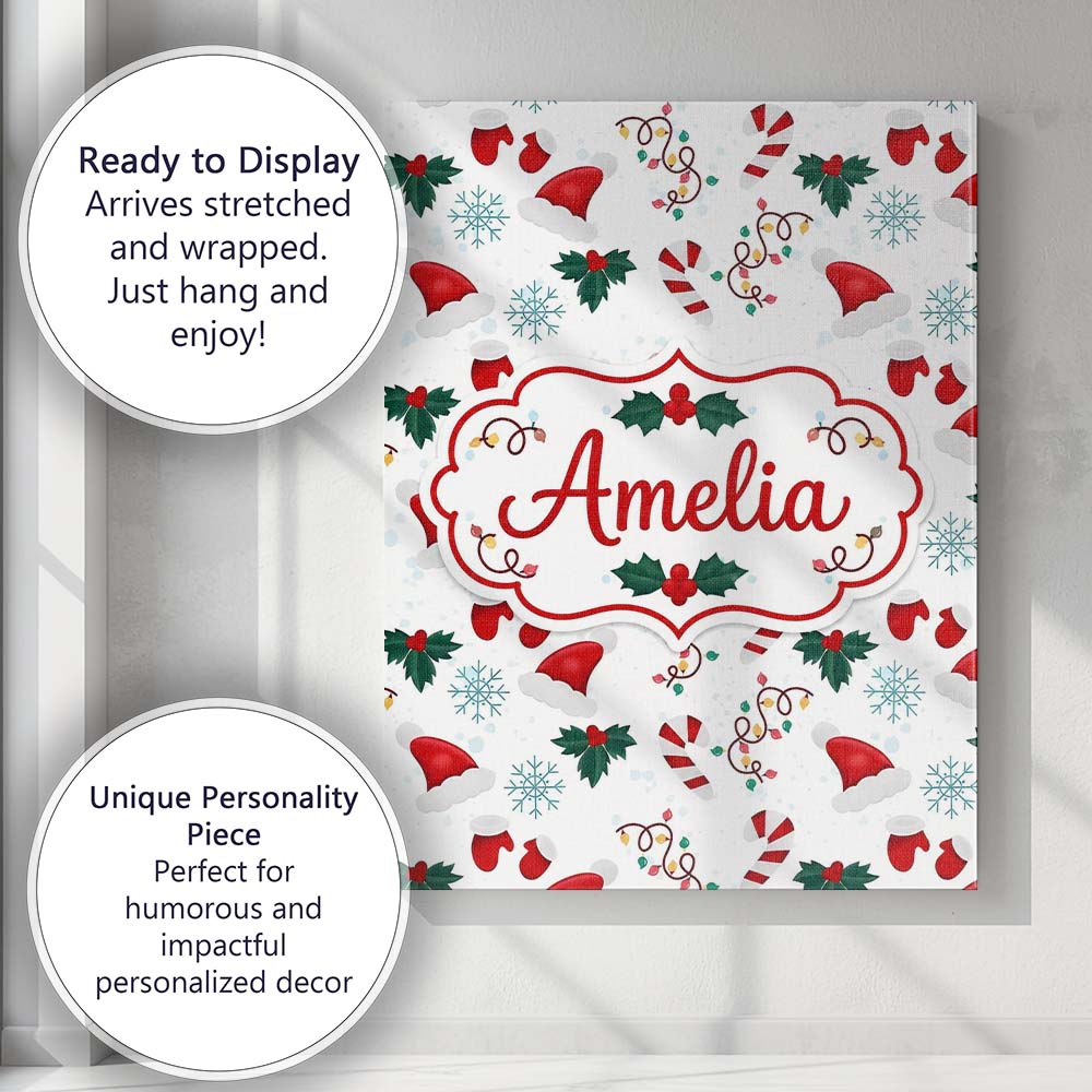 Personalised Name Christmas Hat Mittens Custom Modern Room Accent Elegant Feature Canvas Wall Art Print Decor Picture Ready to Hang