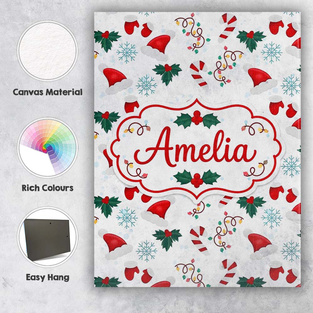 Personalised Name Christmas Hat Mittens Custom Modern Room Accent Elegant Feature Canvas Wall Art Print Decor Picture Ready to Hang