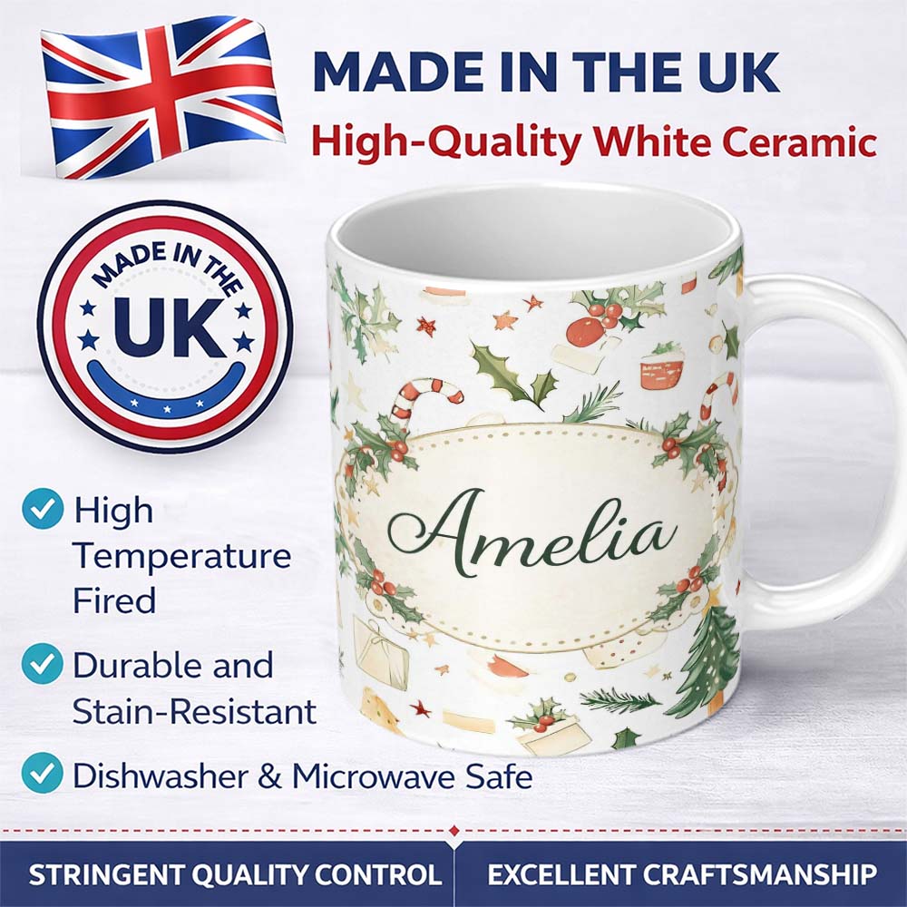 Personalized Custom Name Rustic Christmas Elements Holly Candy Cane Pattern Seamless Design 11oz Ceramic Coffee Tea Mug White Large Handle