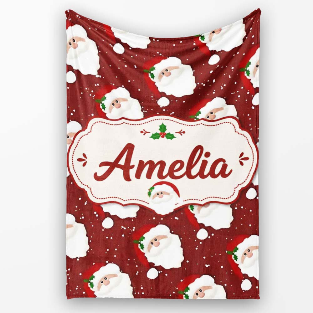 Cute Santa Face Red Snow Background Christmas Seamless Pattern Personalised Custom Name Super Soft Fleece Blanket Bed Sofa Throw