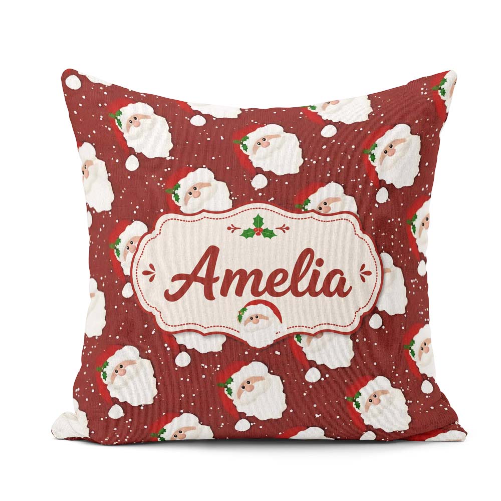 Custom Name Cute Santa Face Red Snow Background Seamless Pattern Square Filled Cushion Throw Pillow Sofa Bed Home Decor Zip Washable UK Made