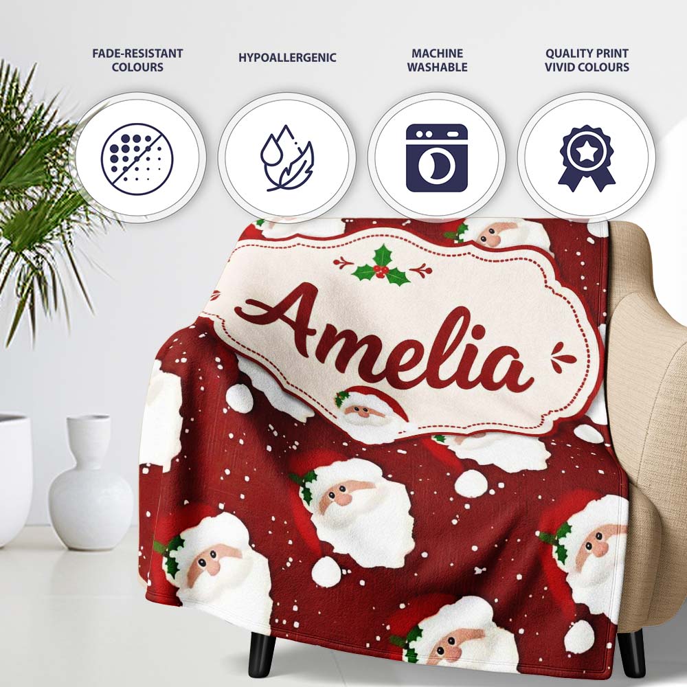 Cute Santa Face Red Snow Background Christmas Seamless Pattern Personalised Custom Name Super Soft Fleece Blanket Bed Sofa Throw
