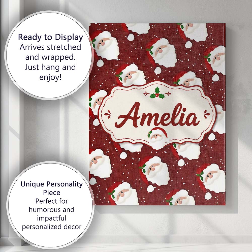Personalised Name Cute Santa Face Red Snow Custom Unique Gift Idea Elegant Feature Canvas Wall Art Print Decor Picture Ready to Hang