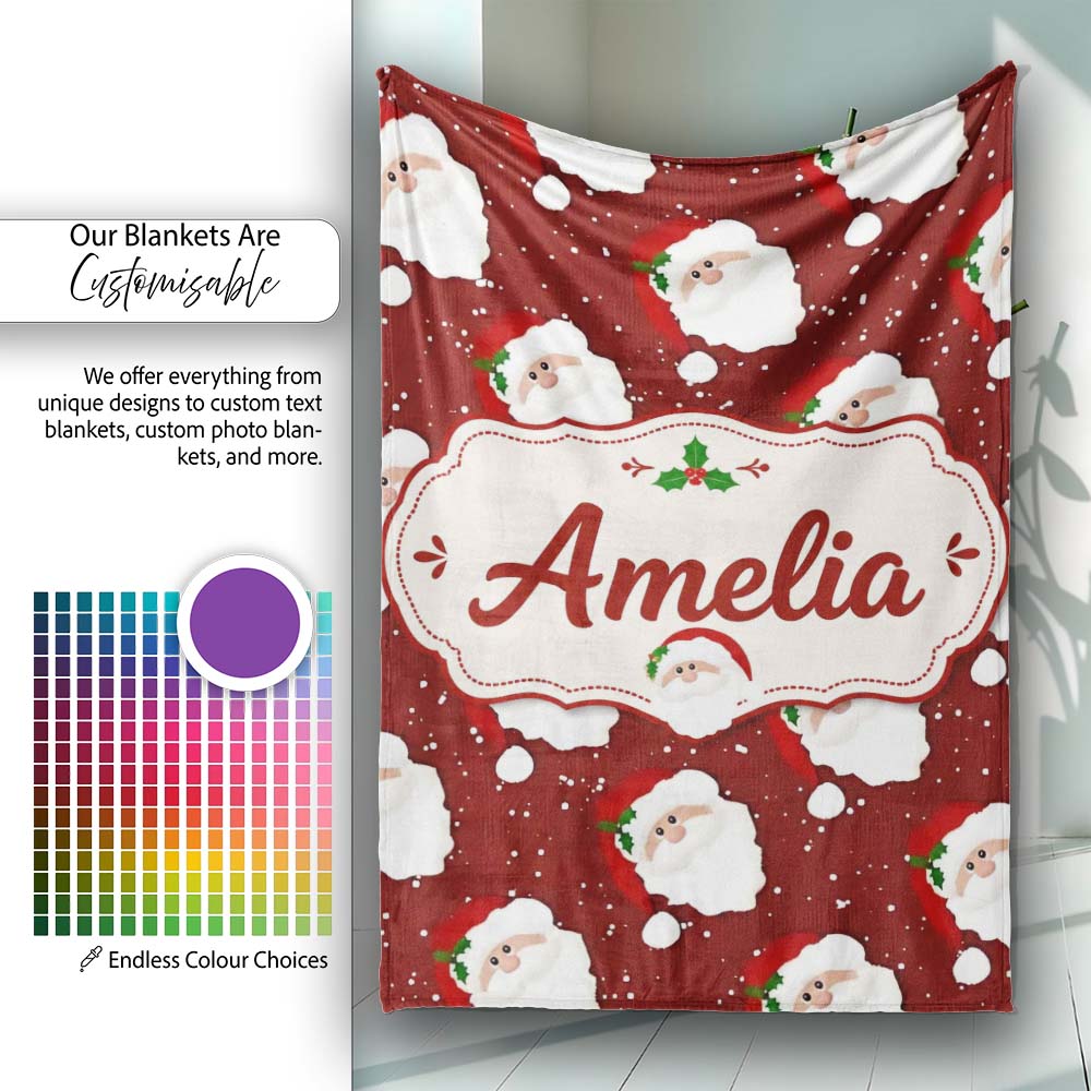 Cute Santa Face Red Snow Background Christmas Seamless Pattern Personalised Custom Name Super Soft Fleece Blanket Bed Sofa Throw