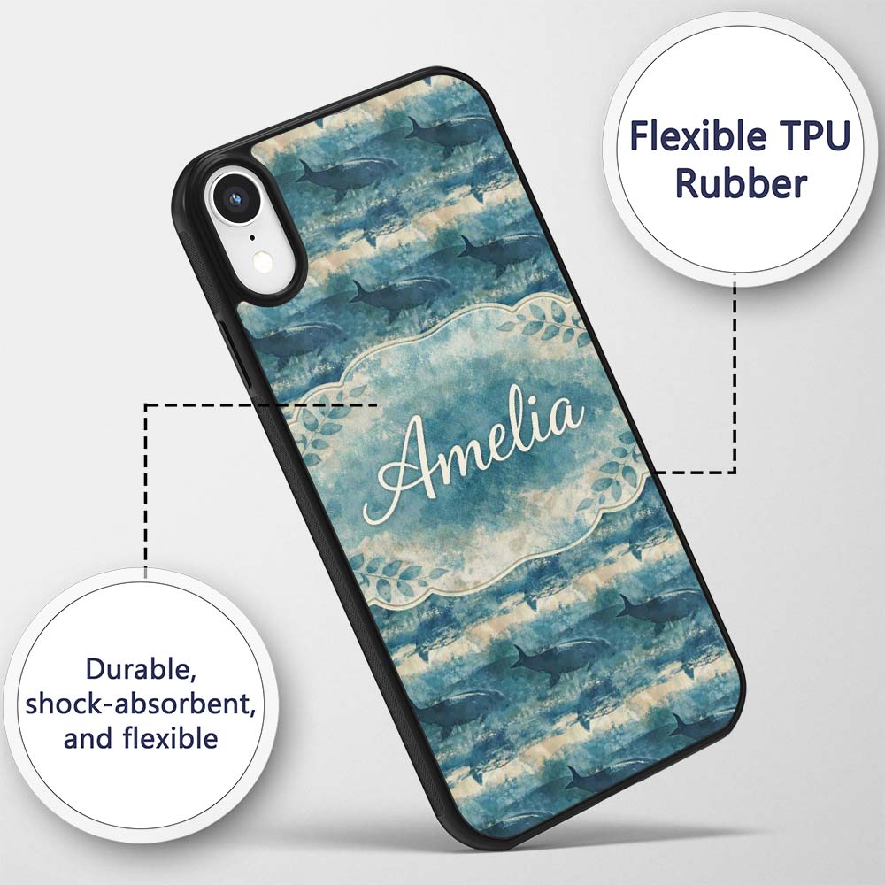 Vintage Ocean Whale Seamless Pattern Textured Custom Name Protective Phone Case Mobile Cover Durable Everyday Smartphone Shock Resistant