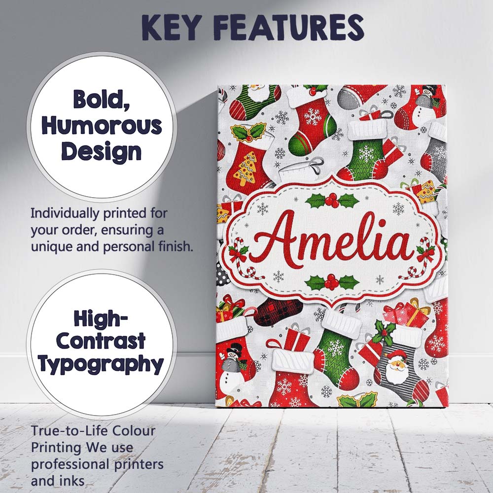 Personalised Name Christmas Stockings Gifts Custom Bespoke Interior Contemporary Canvas Wall Art Print Decor Picture Ready to Hang