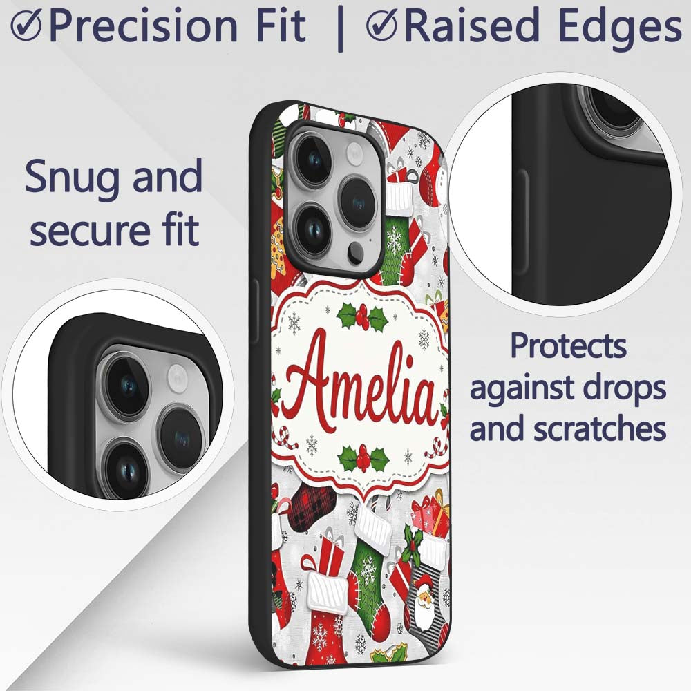 Christmas Stockings Gifts Candy Cane Snowflake Custom Name Protective Phone Case Mobile Cover Durable Everyday Smartphone Shock Resistant