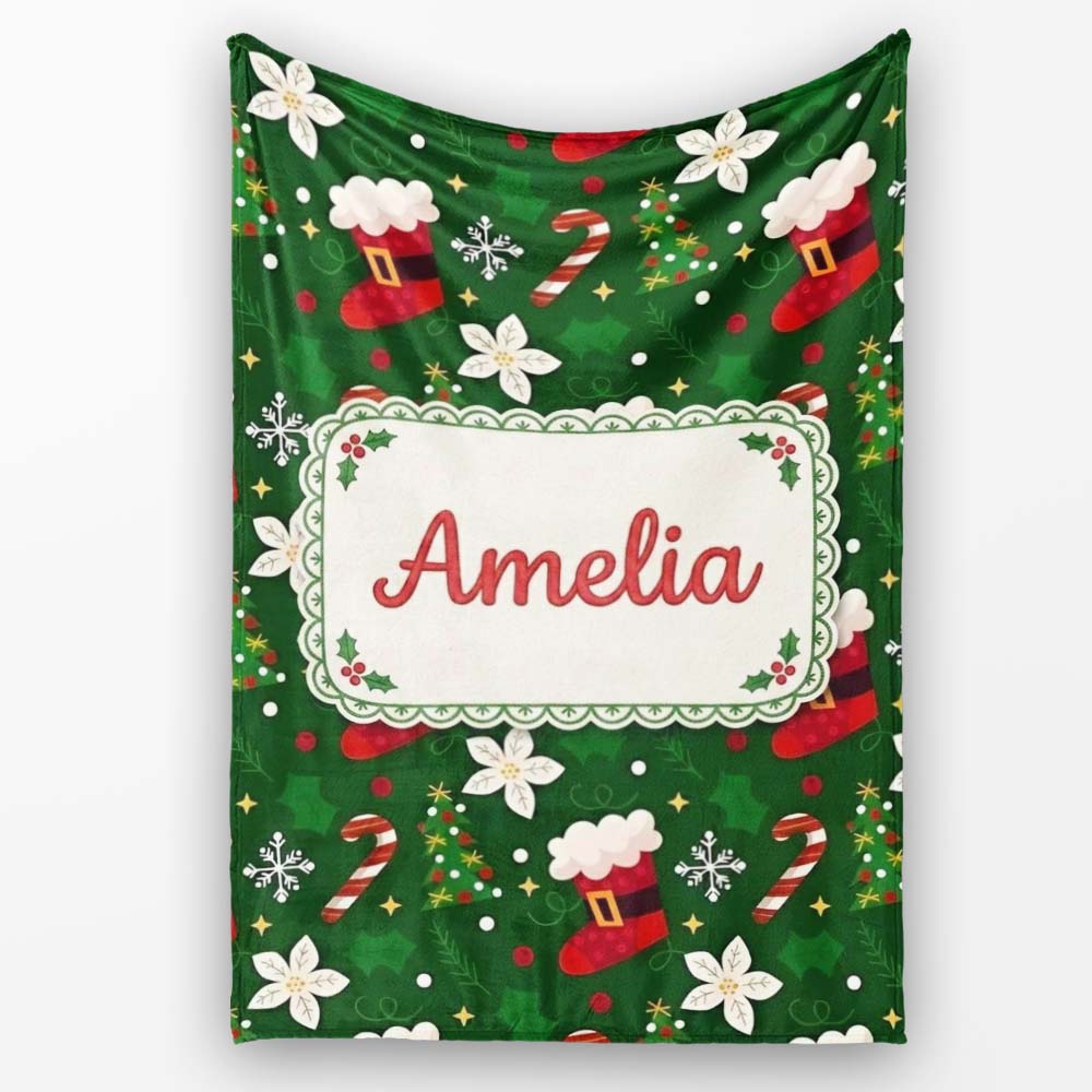 Stocking Candy Cane Tree Poinsettia Seamless Pattern Lovely Personalised Custom Name Super Soft Fleece Blanket Bed Sofa Throw