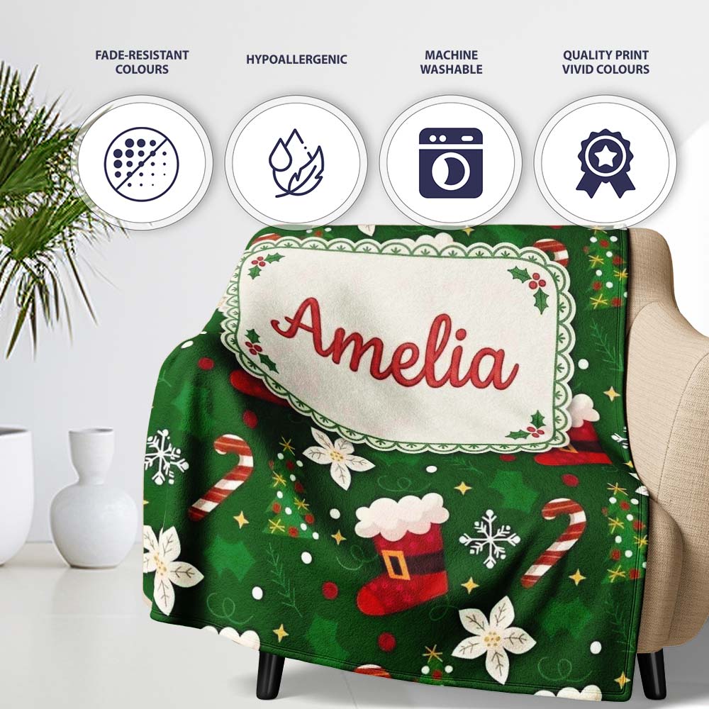 Stocking Candy Cane Tree Poinsettia Seamless Pattern Lovely Personalised Custom Name Super Soft Fleece Blanket Bed Sofa Throw