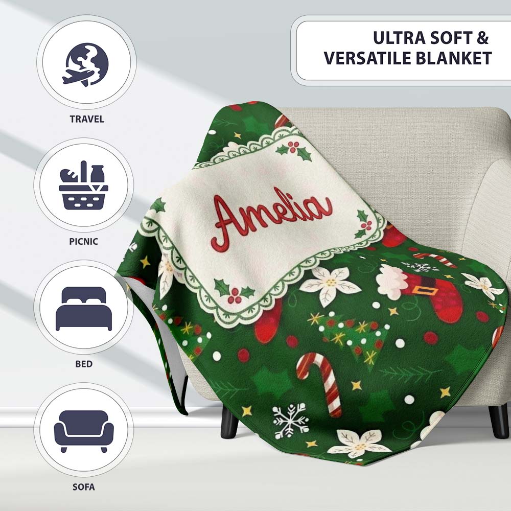 Stocking Candy Cane Tree Poinsettia Seamless Pattern Lovely Personalised Custom Name Super Soft Fleece Blanket Bed Sofa Throw