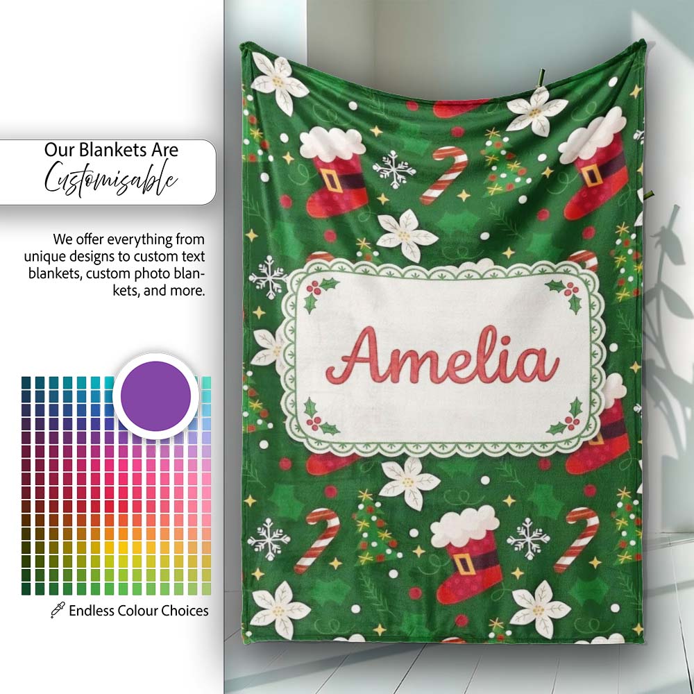 Stocking Candy Cane Tree Poinsettia Seamless Pattern Lovely Personalised Custom Name Super Soft Fleece Blanket Bed Sofa Throw