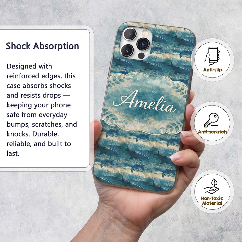 Vintage Ocean Whale Seamless Pattern Textured Custom Name Protective Phone Case Mobile Cover Durable Everyday Smartphone Shock Resistant