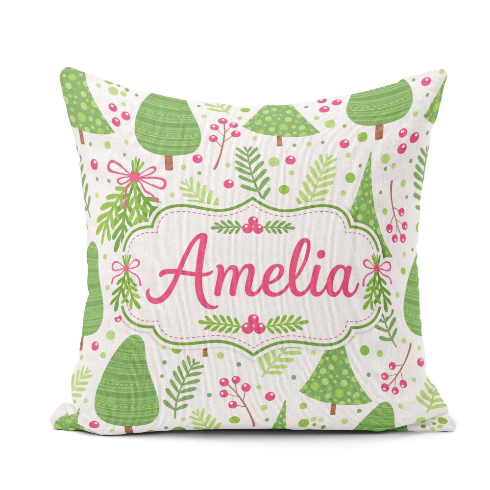 Custom Name Minimal Christmas Tree Branch Berry Pink Bow Pattern Square Filled Cushion Throw Pillow Sofa Bed Home Decor Zip Washable UK Made