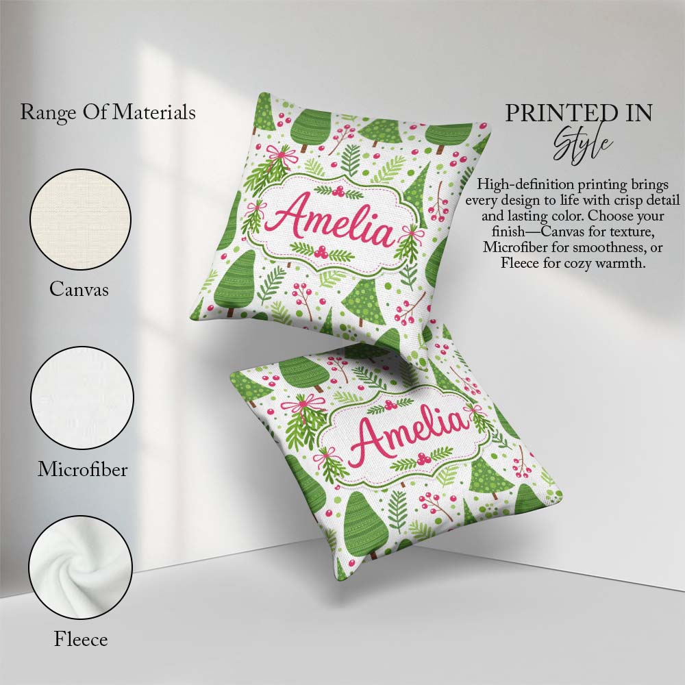 Custom Name Minimal Christmas Tree Branch Berry Pink Bow Pattern Square Filled Cushion Throw Pillow Sofa Bed Home Decor Zip Washable UK Made