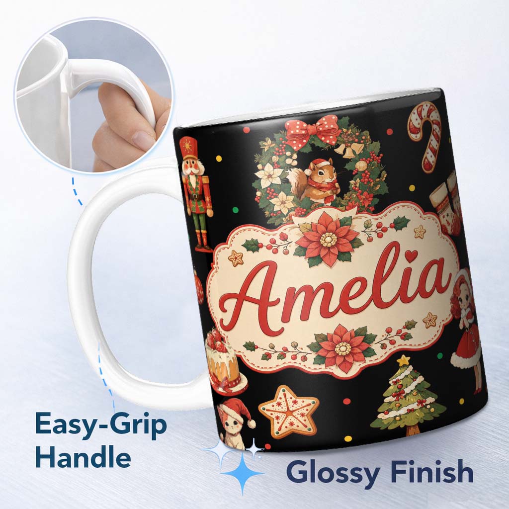 Personalized Custom Name Cute Christmas Nutcracker Squirrel Cake Candy Cane Girl Tree Black 11oz Ceramic Coffee Tea Mug White Large Handle