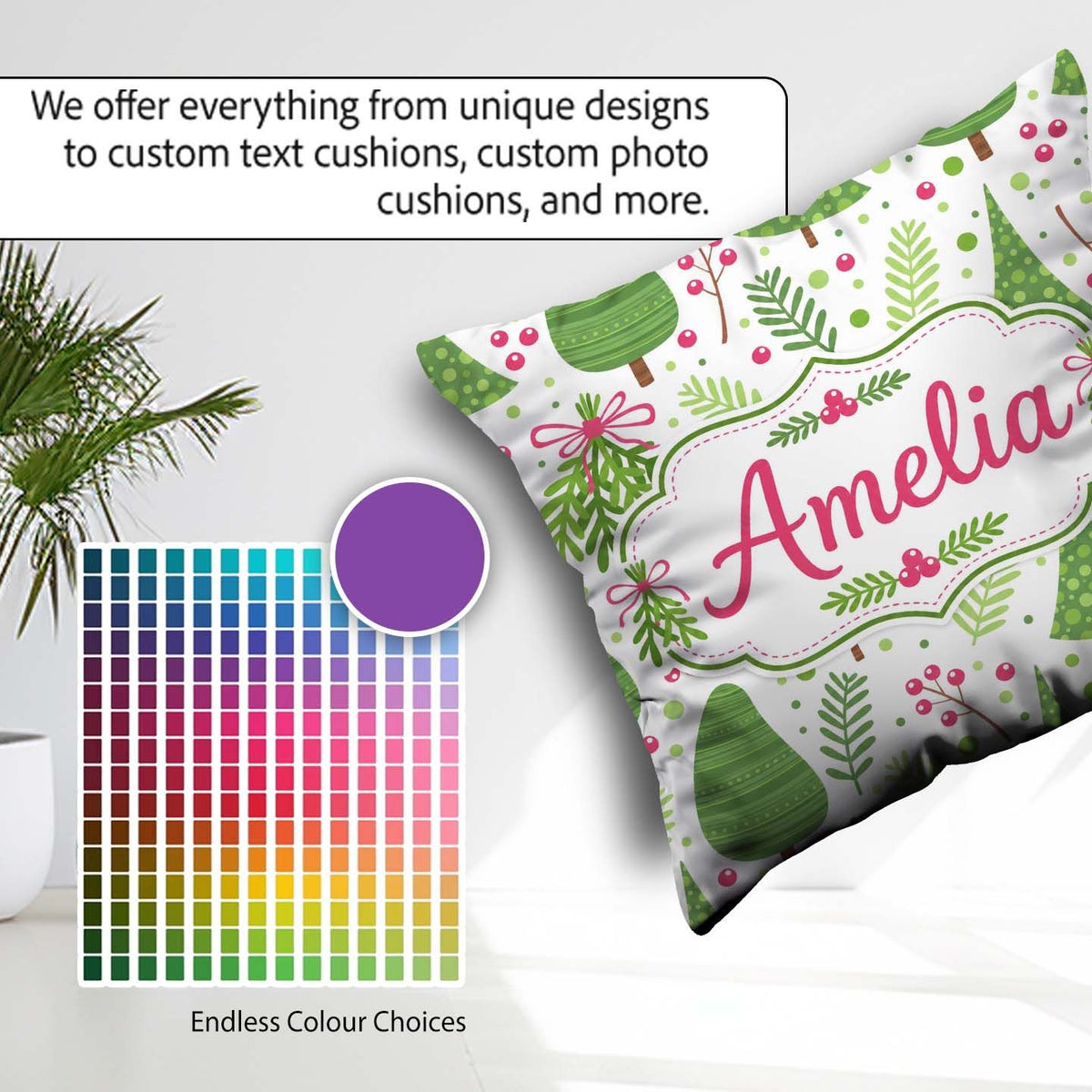 Custom Name Minimal Christmas Tree Branch Berry Pink Bow Pattern Square Filled Cushion Throw Pillow Sofa Bed Home Decor Zip Washable UK Made