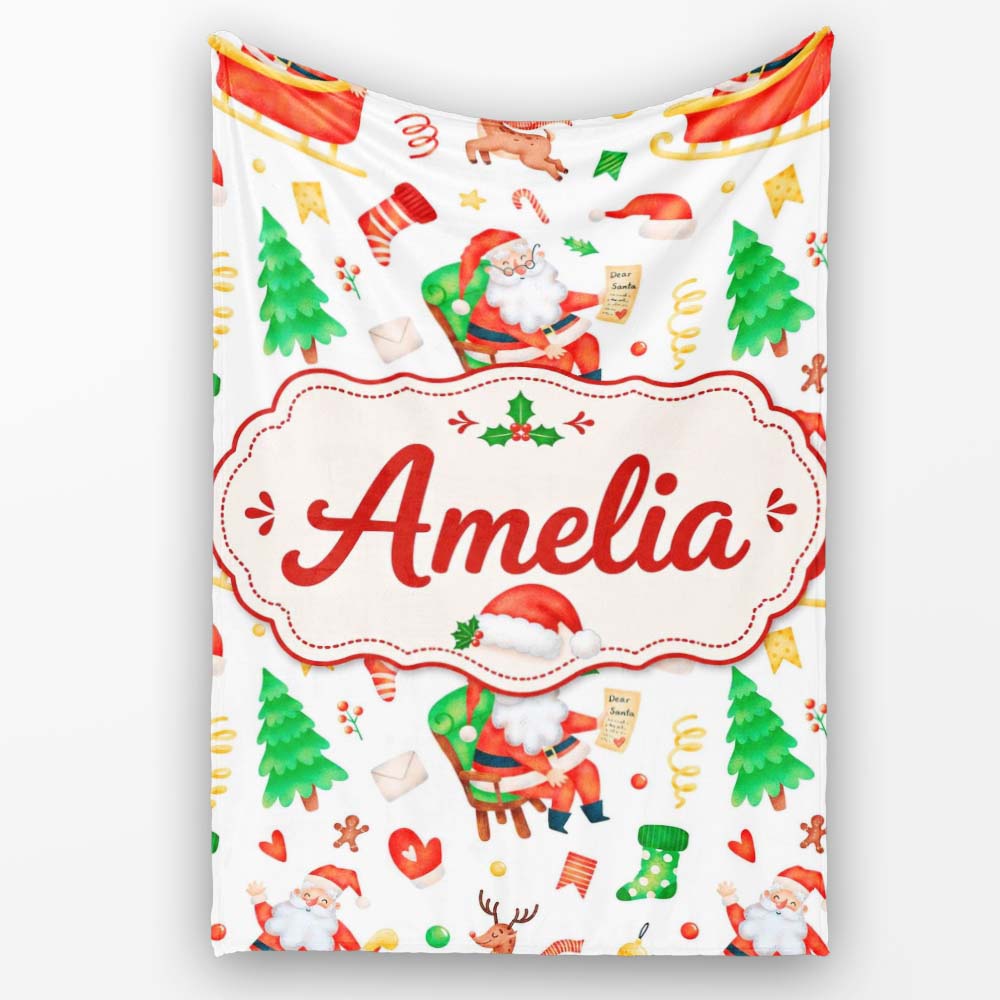Watercolor Santa Sleigh Reindeer Christmas Seamless Pattern Lovely Personalised Custom Name Super Soft Fleece Blanket Bed Sofa Throw