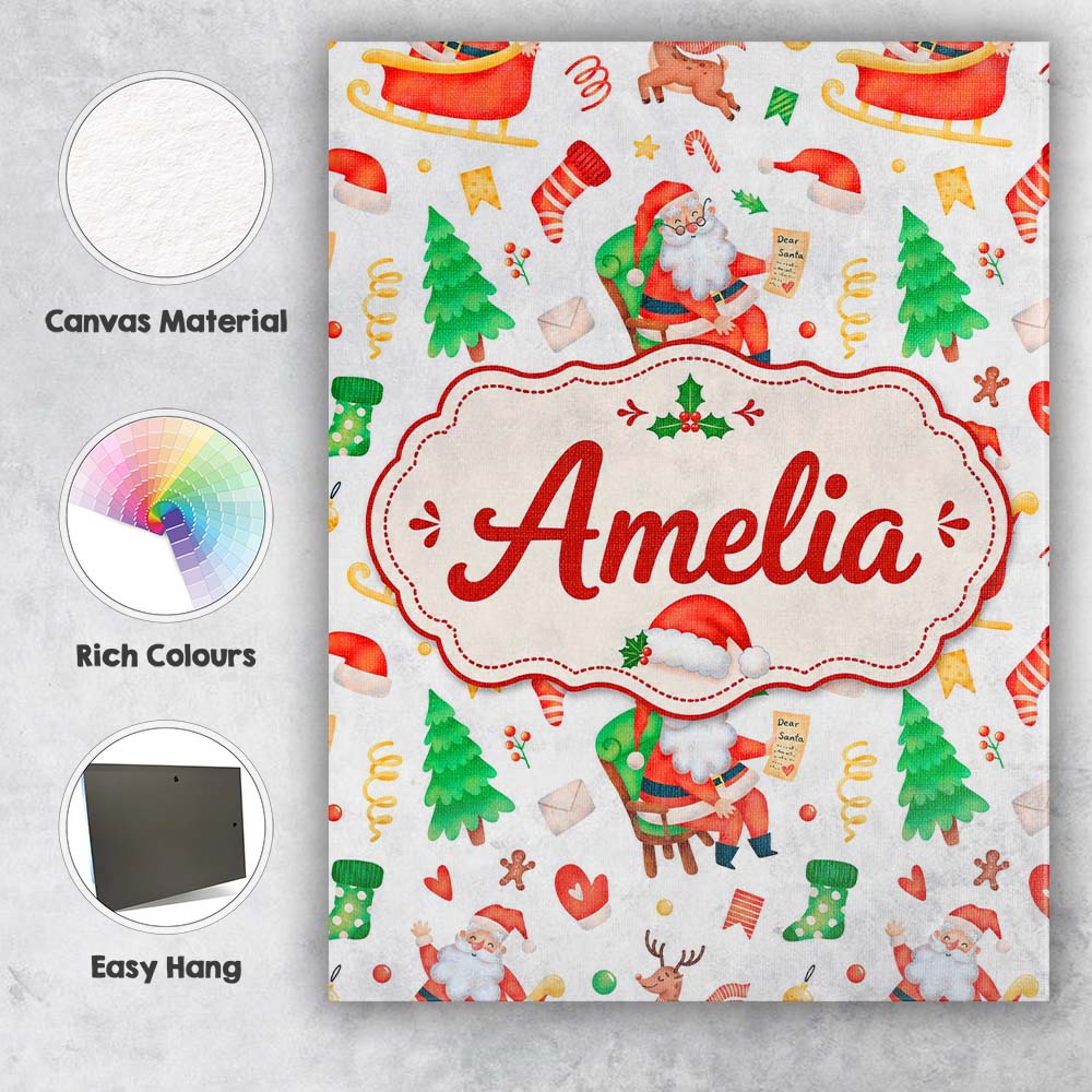 Personalised Name Watercolor Santa Sleigh Custom Unique Gift Idea Elegant Feature Canvas Wall Art Print Decor Picture Ready to Hang