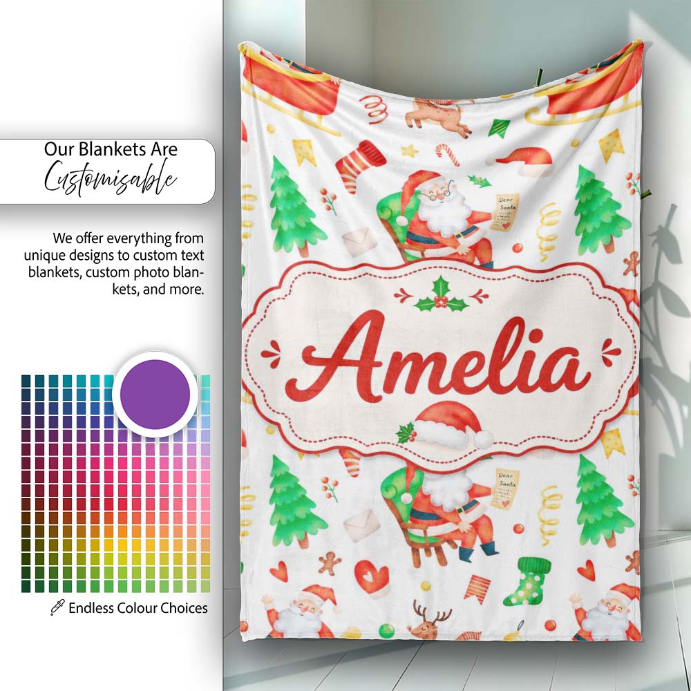 Watercolor Santa Sleigh Reindeer Christmas Seamless Pattern Lovely Personalised Custom Name Super Soft Fleece Blanket Bed Sofa Throw