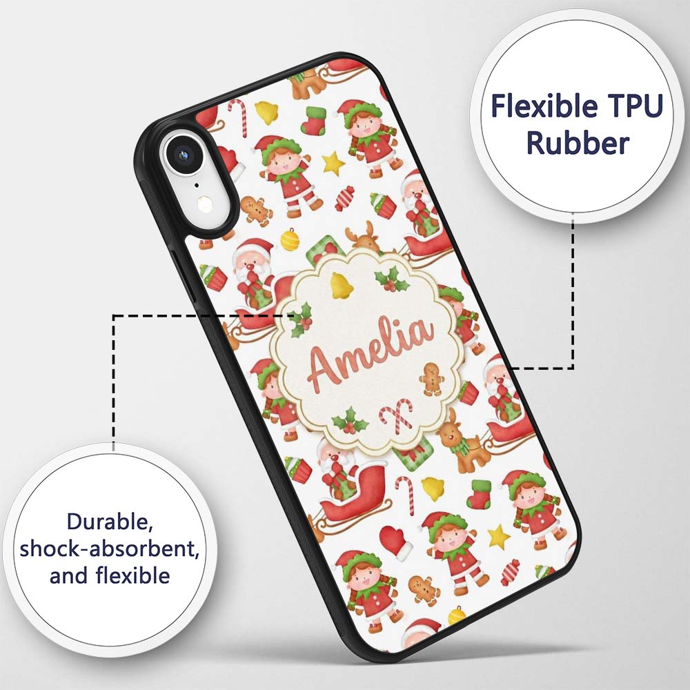Cute Santa Sleigh Reindeer Elf Christmas Seamless Custom Name Protective Phone Case Mobile Cover Durable Everyday Smartphone Shock Resistant