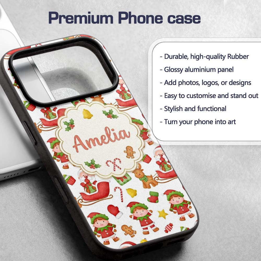 Cute Santa Sleigh Reindeer Elf Christmas Seamless Custom Name Protective Phone Case Mobile Cover Durable Everyday Smartphone Shock Resistant