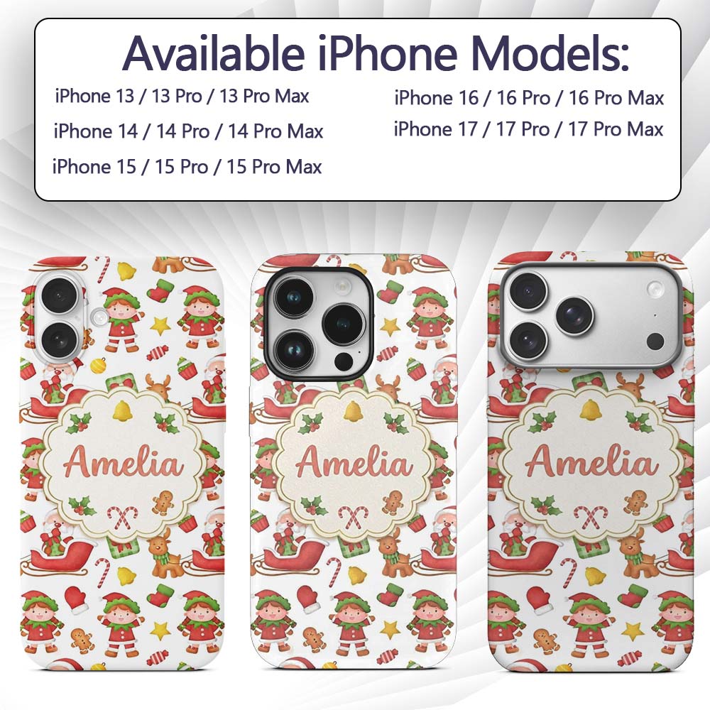 Cute Santa Sleigh Reindeer Elf Christmas Seamless Custom Name Protective Phone Case Mobile Cover Durable Everyday Smartphone Shock Resistant