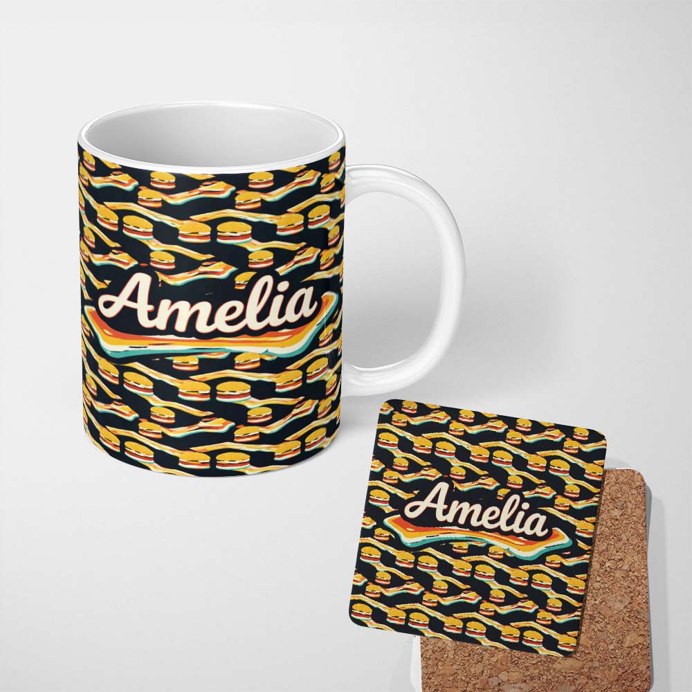 Personalized Custom Name Burger Geometric Seamless Pattern Fast Food Snack Design Lovely 11oz Ceramic Coffee Tea Mug White Large Handle
