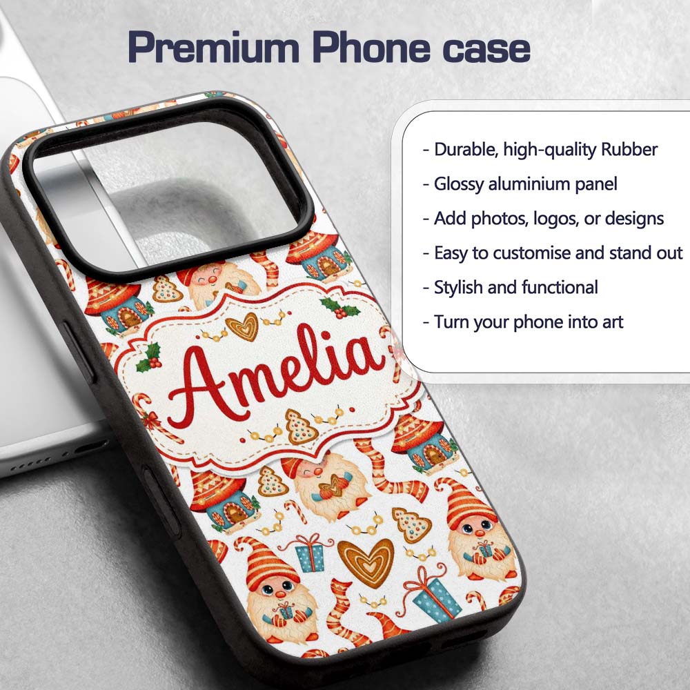 Cute Christmas Gnome Gift Candy Cane Gingerbread Custom Name Protective Phone Case Mobile Cover Durable Everyday Smartphone Shock Resistant
