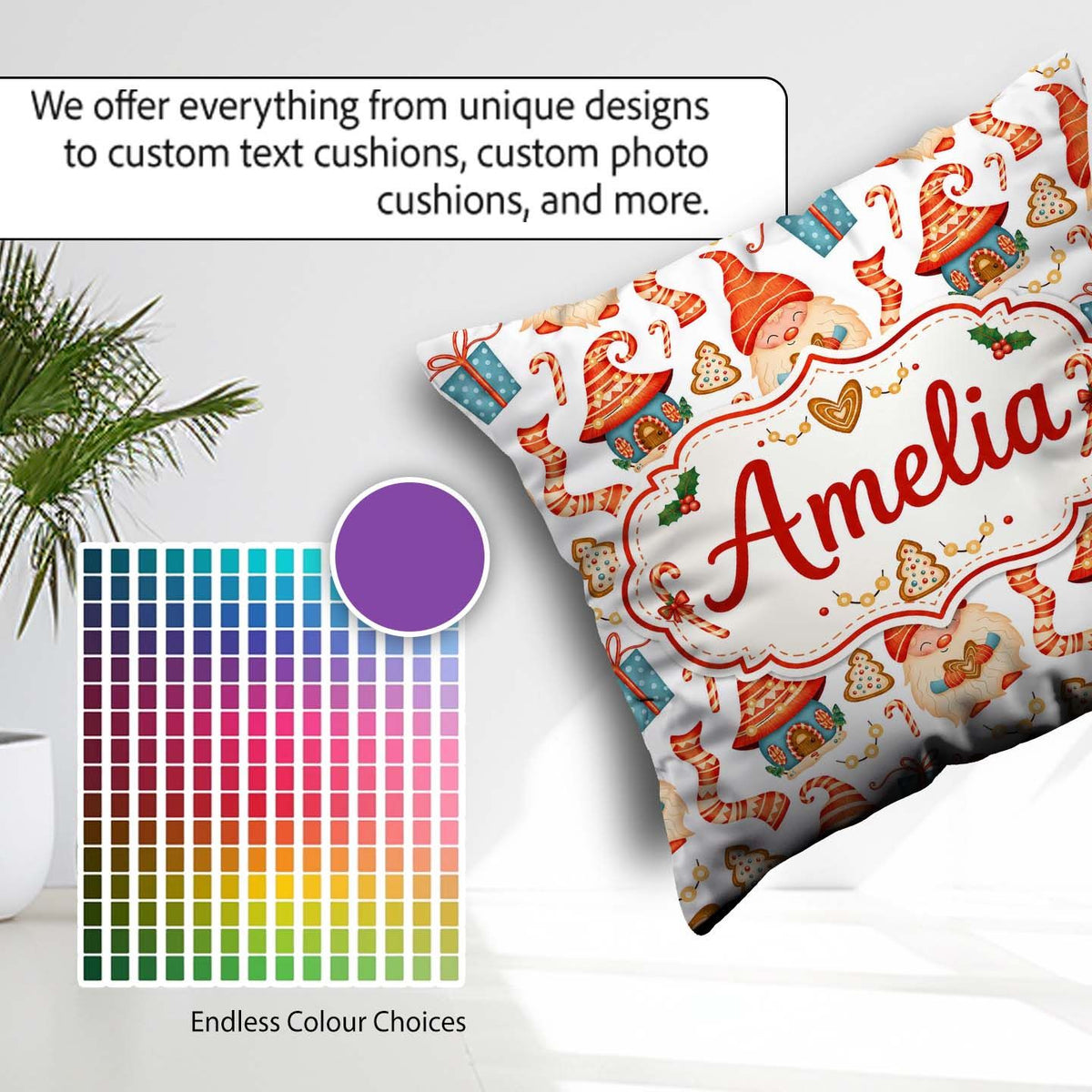 Custom Name Cute Christmas Gnome Candy Cane Gingerbread Seamless Square Filled Cushion Throw Pillow Sofa Bed Home Decor Zip Washable UK Made