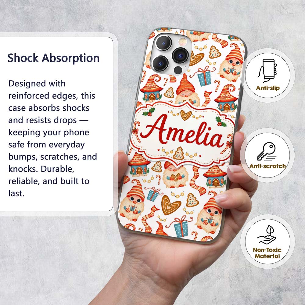 Cute Christmas Gnome Gift Candy Cane Gingerbread Custom Name Protective Phone Case Mobile Cover Durable Everyday Smartphone Shock Resistant