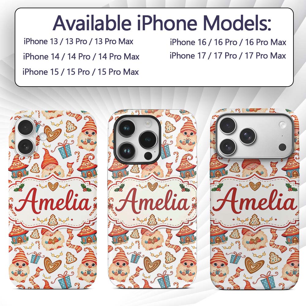 Cute Christmas Gnome Gift Candy Cane Gingerbread Custom Name Protective Phone Case Mobile Cover Durable Everyday Smartphone Shock Resistant