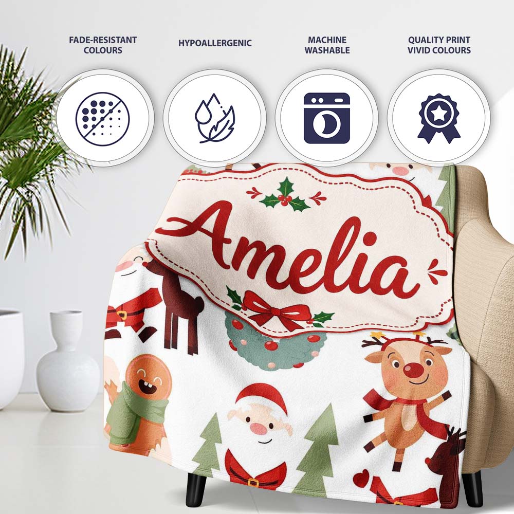 Cute Reindeer Santa Wreath Gingerbread Christmas Seamless Pattern Personalised Custom Name Super Soft Fleece Blanket Bed Sofa Throw