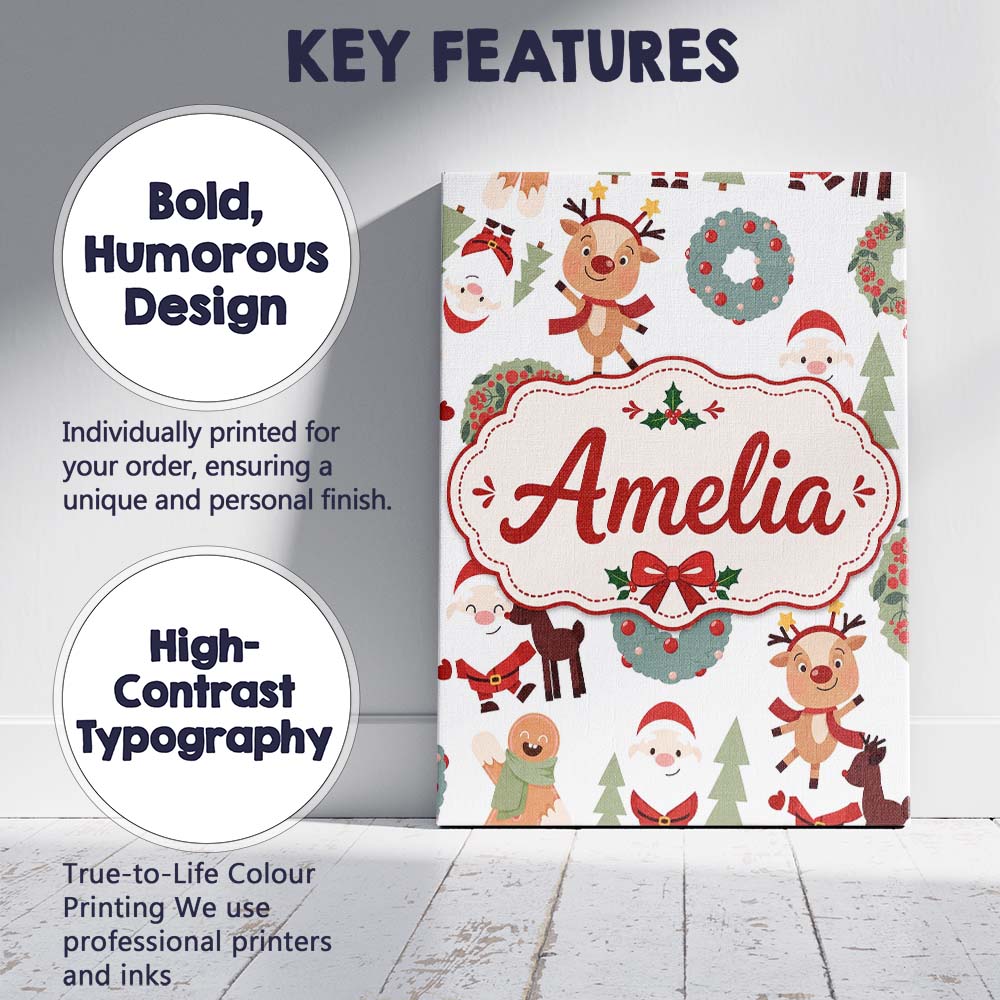 Personalised Name Cute Reindeer Santa Custom Modern Room Accent Creative Decorator Style Canvas Wall Art Print Decor Picture Ready to Hang
