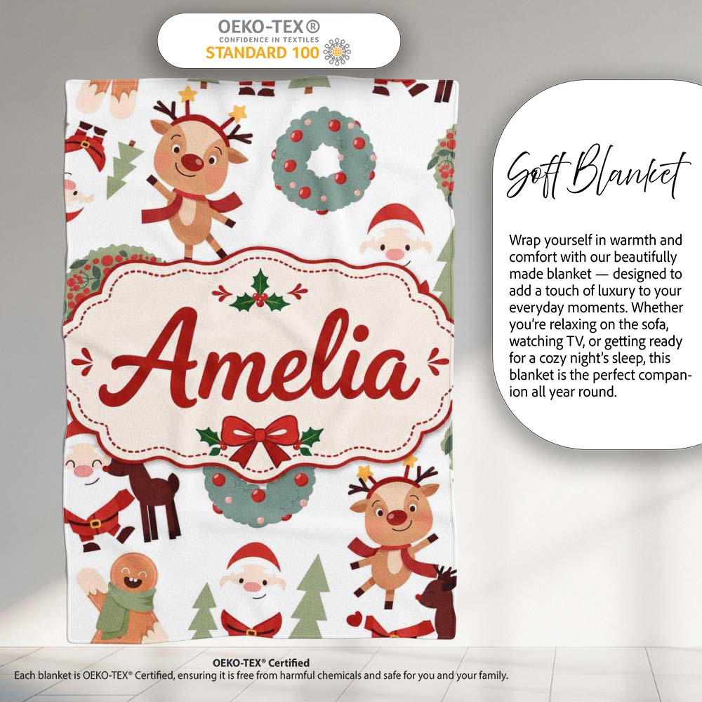 Cute Reindeer Santa Wreath Gingerbread Christmas Seamless Pattern Personalised Custom Name Super Soft Fleece Blanket Bed Sofa Throw