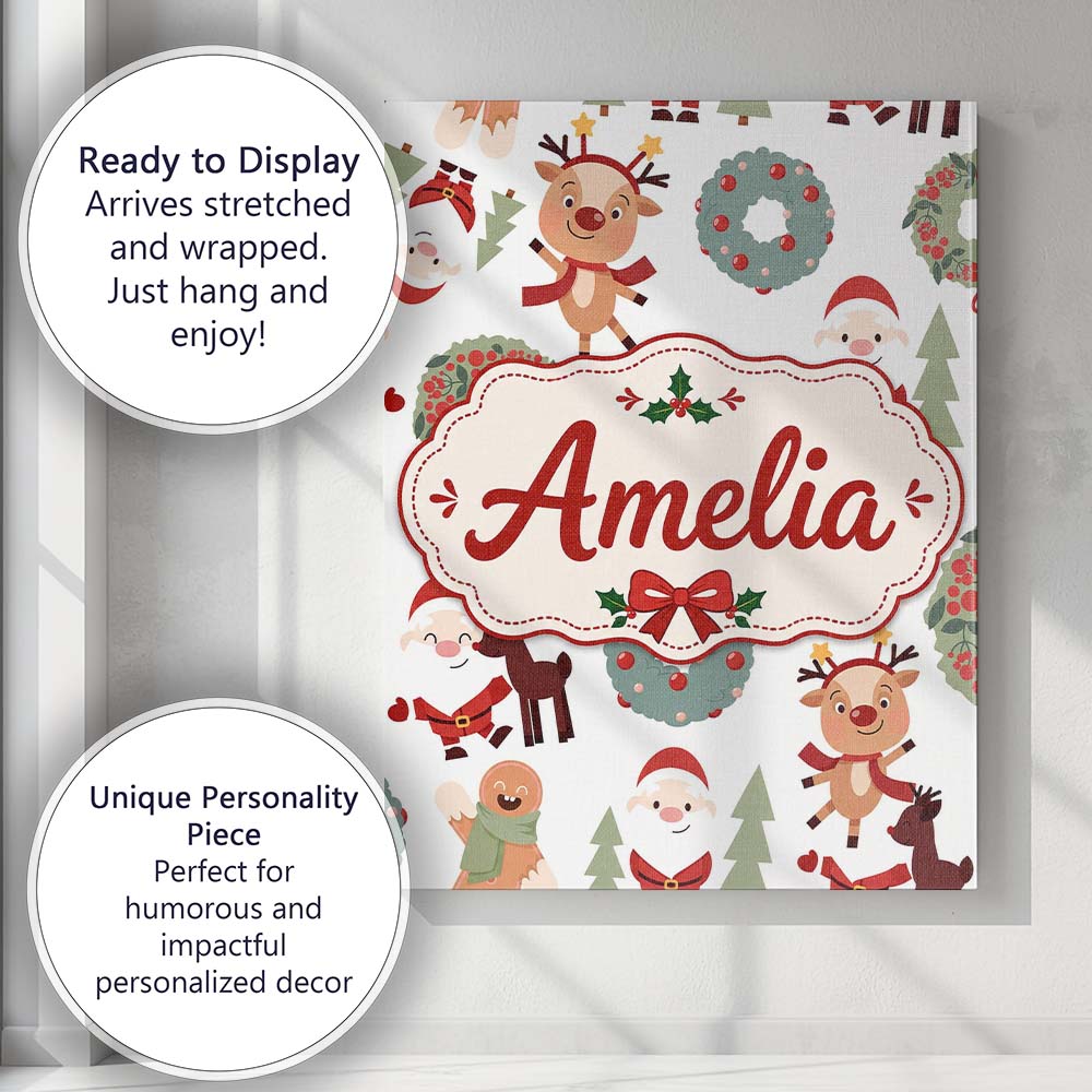 Personalised Name Cute Reindeer Santa Custom Modern Room Accent Creative Decorator Style Canvas Wall Art Print Decor Picture Ready to Hang