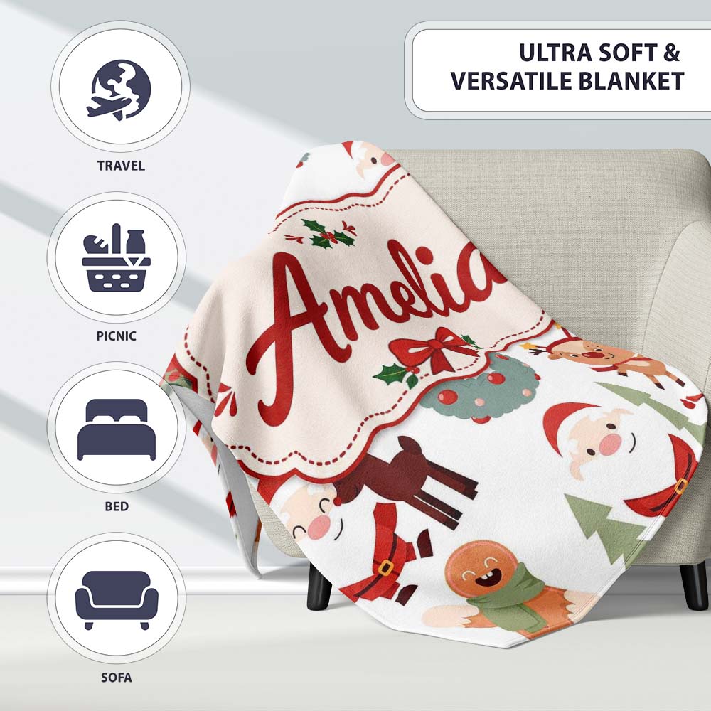 Cute Reindeer Santa Wreath Gingerbread Christmas Seamless Pattern Personalised Custom Name Super Soft Fleece Blanket Bed Sofa Throw
